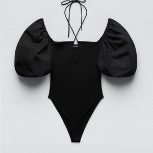 Brand New Zara Black Puff Sleeve Bodysuit Size S Ref 1660/803